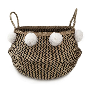 Seagrass Belly Basket Zigzag Black – White Pom Pom