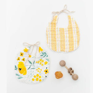 Clementine Kids Bib 2-Pack - Buttercup Blossom and Mustard Herringbone